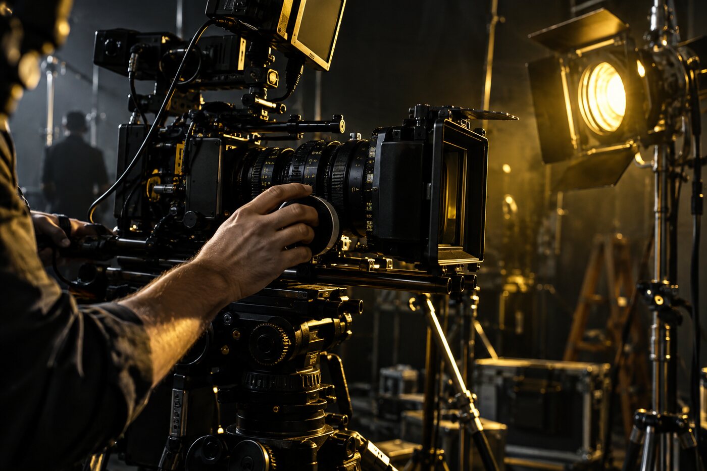 Professional cinema camera and lighting equipment on set